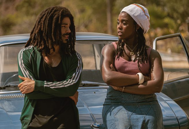 Kingsley Ben-Adir as “Bob Marley” and Lashana Lynch as “Rita Marley” in Bob Marley: One Love from Paramount Pictures.