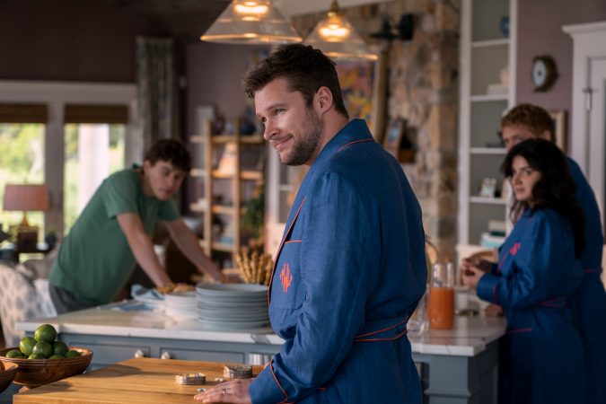 The Perfect Couple. (L to R) Sam Nivola as Will Winbury, Jack Reynor as Thomas Winbury, Eve Hewson as Amelia Sacks, Billy Howle as Benji Winbury in episode 101 of The Perfect Couple. Cr. Seacia Pavao/Netflix © 2024